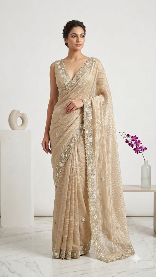 Luxe Designer Hand-Embroidered Crinkled Silk Saree