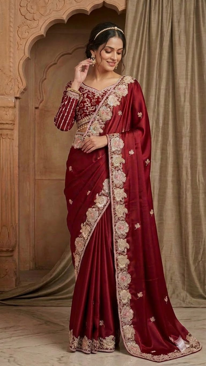 Ruby Royale Heavy Hand-Embroidered Saree with Stitched Blouse