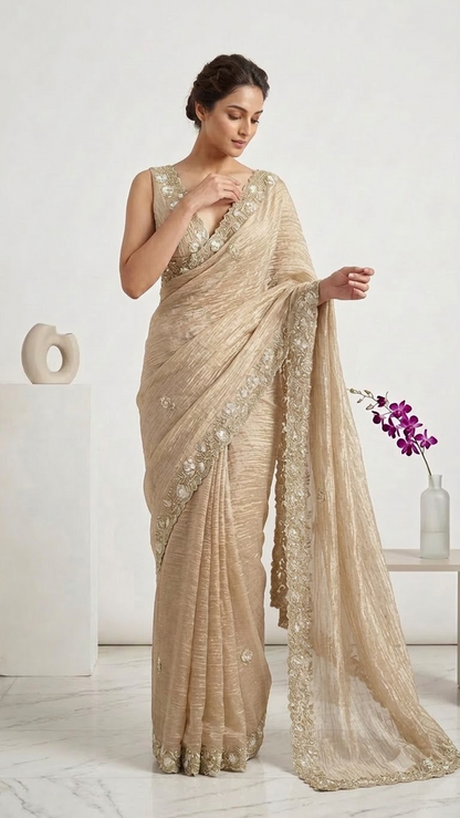 Luxe Designer Hand-Embroidered Crinkled Silk Saree