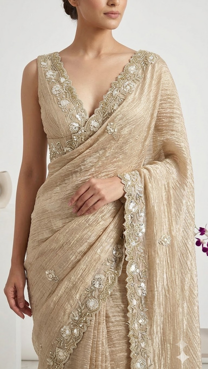 Luxe Designer Hand-Embroidered Crinkled Silk Saree