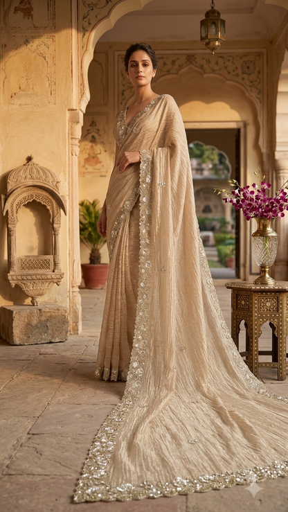 Luxe Designer Hand-Embroidered Crinkled Silk Saree