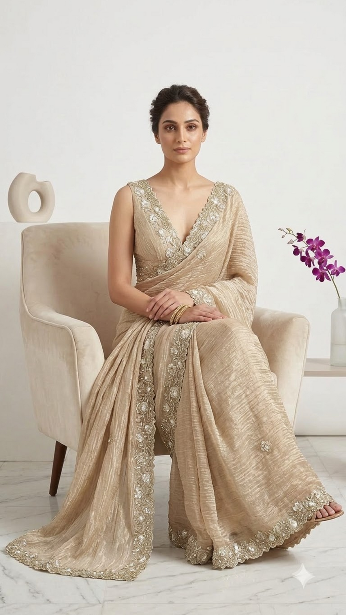 Luxe Designer Hand-Embroidered Crinkled Silk Saree