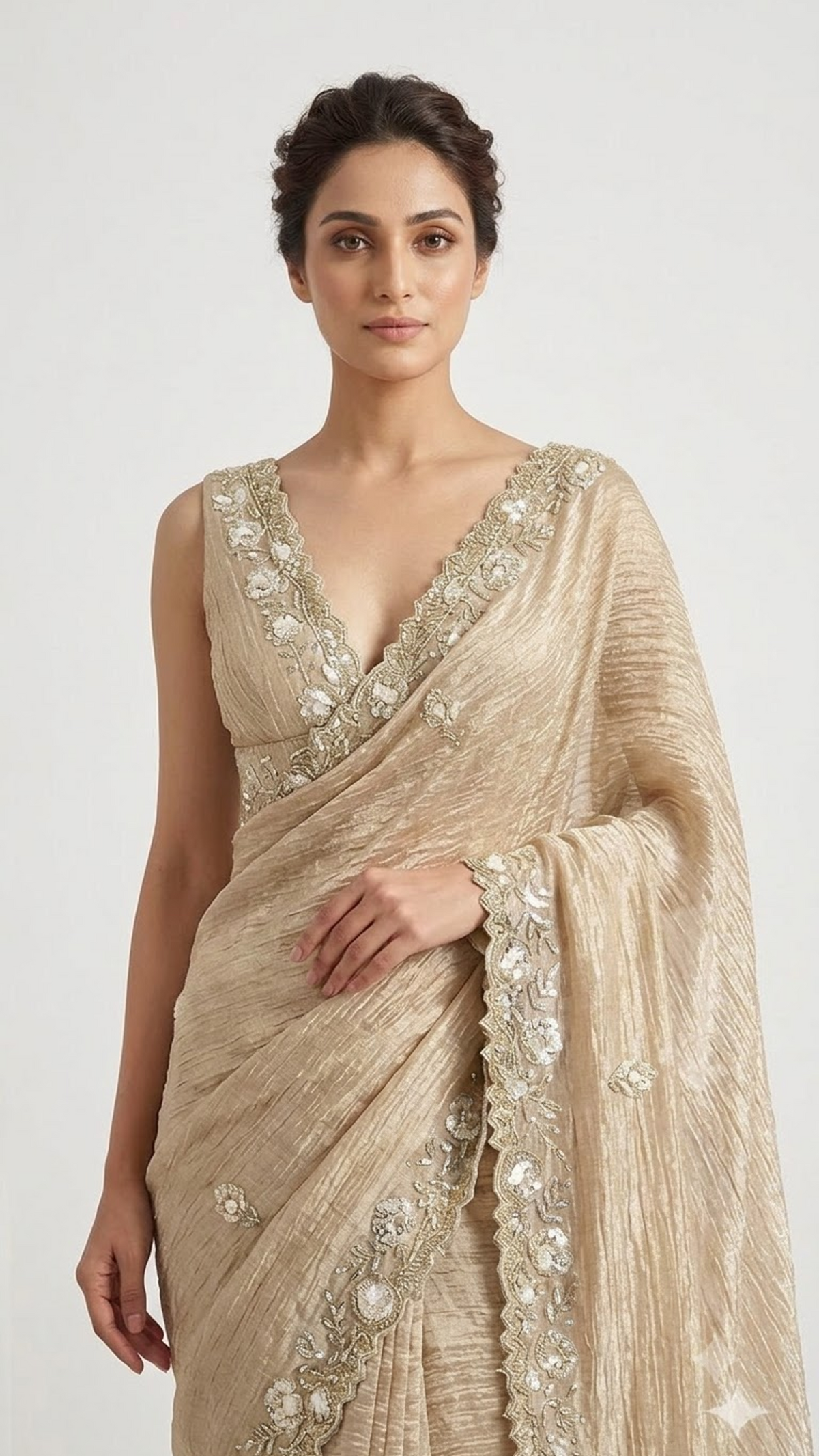 Luxe Designer Hand-Embroidered Crinkled Silk Saree
