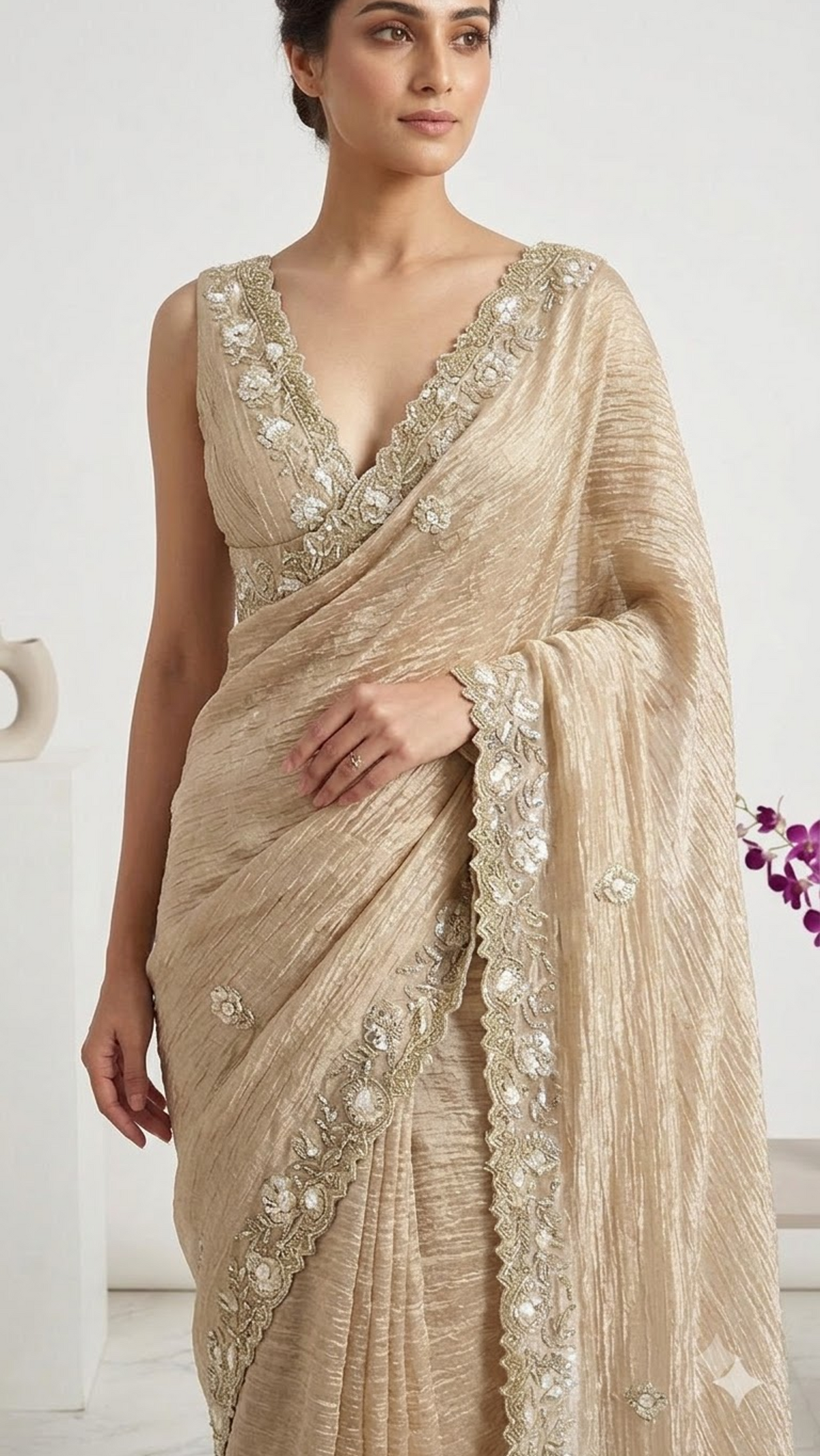 Luxe Designer Hand-Embroidered Crinkled Silk Saree