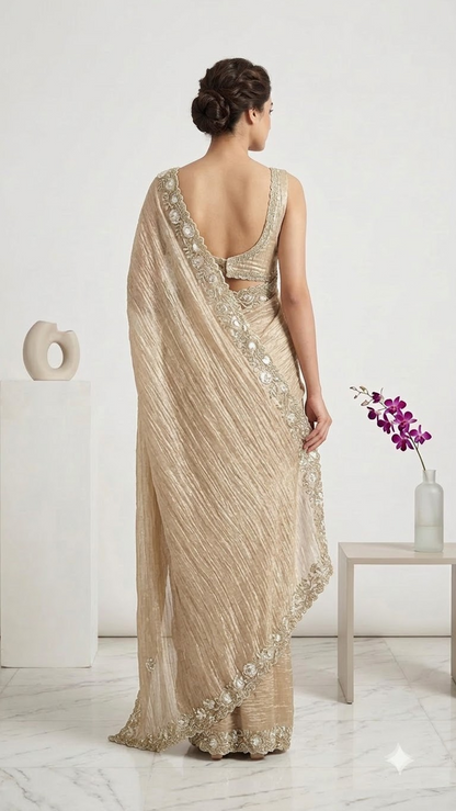 Luxe Designer Hand-Embroidered Crinkled Silk Saree