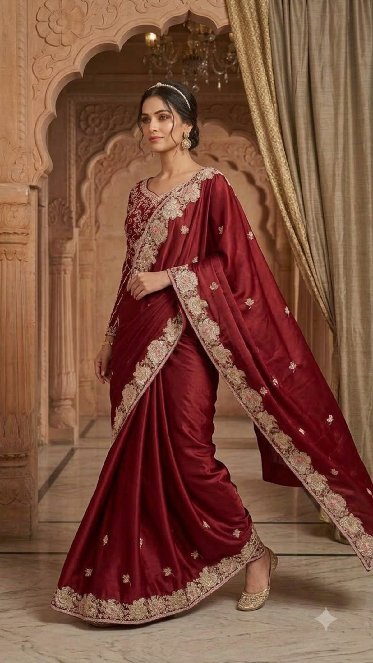Ruby Royale Heavy Hand-Embroidered Saree with Stitched Blouse