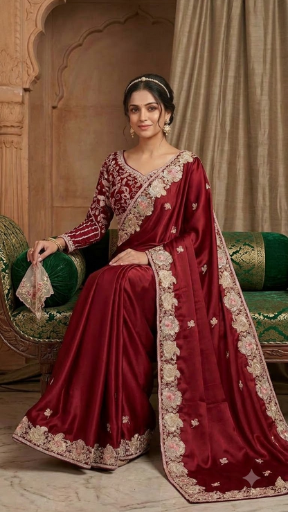 Ruby Royale Heavy Hand-Embroidered Saree with Stitched Blouse