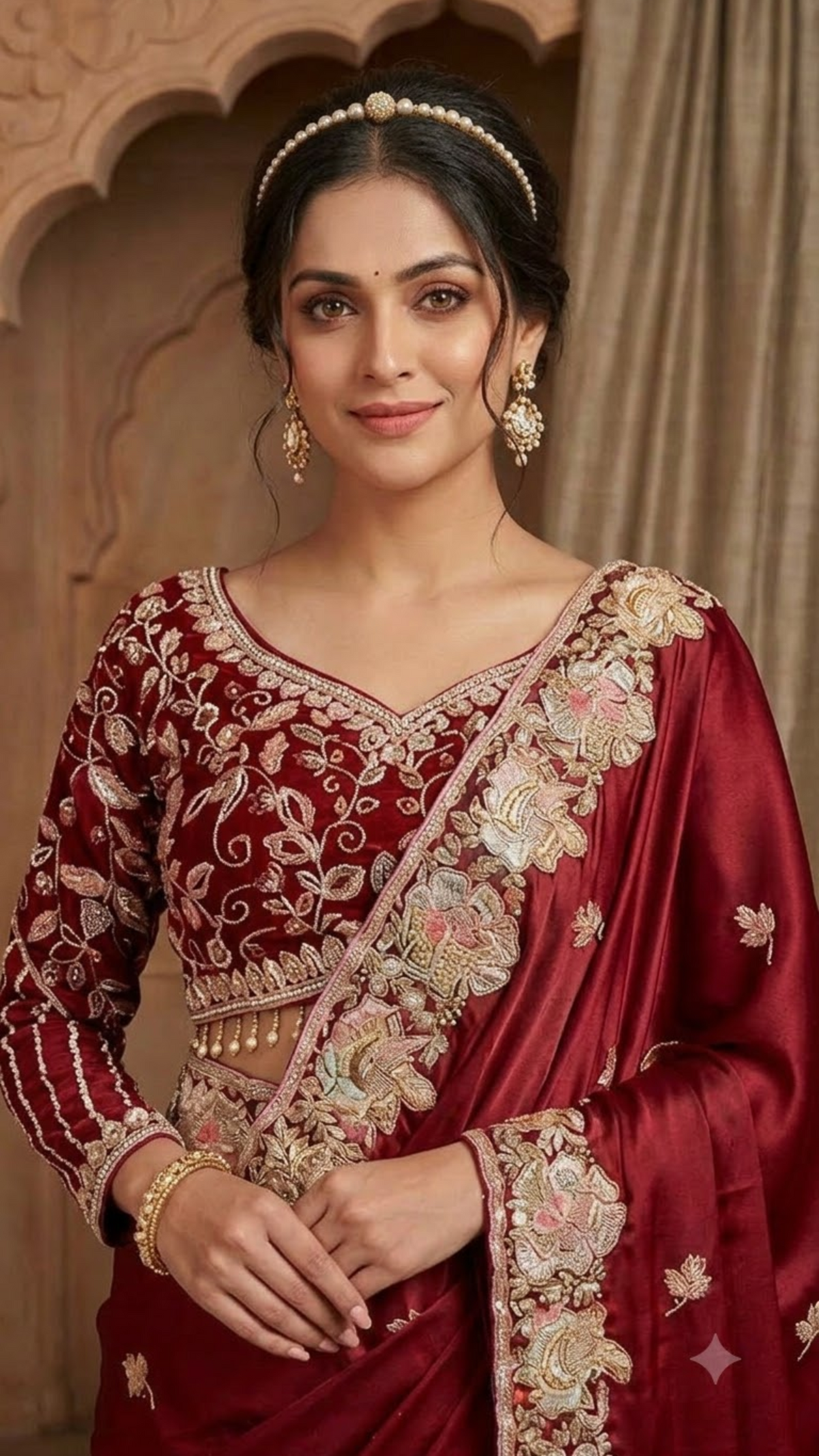 Ruby Royale Heavy Hand-Embroidered Saree with Stitched Blouse