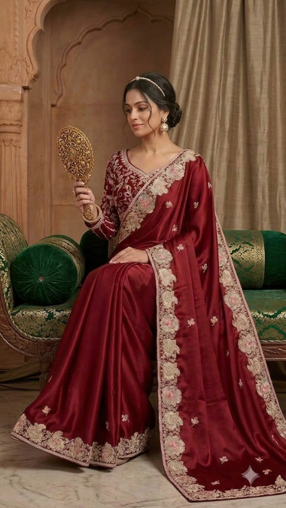 Ruby Royale Heavy Hand-Embroidered Saree with Stitched Blouse