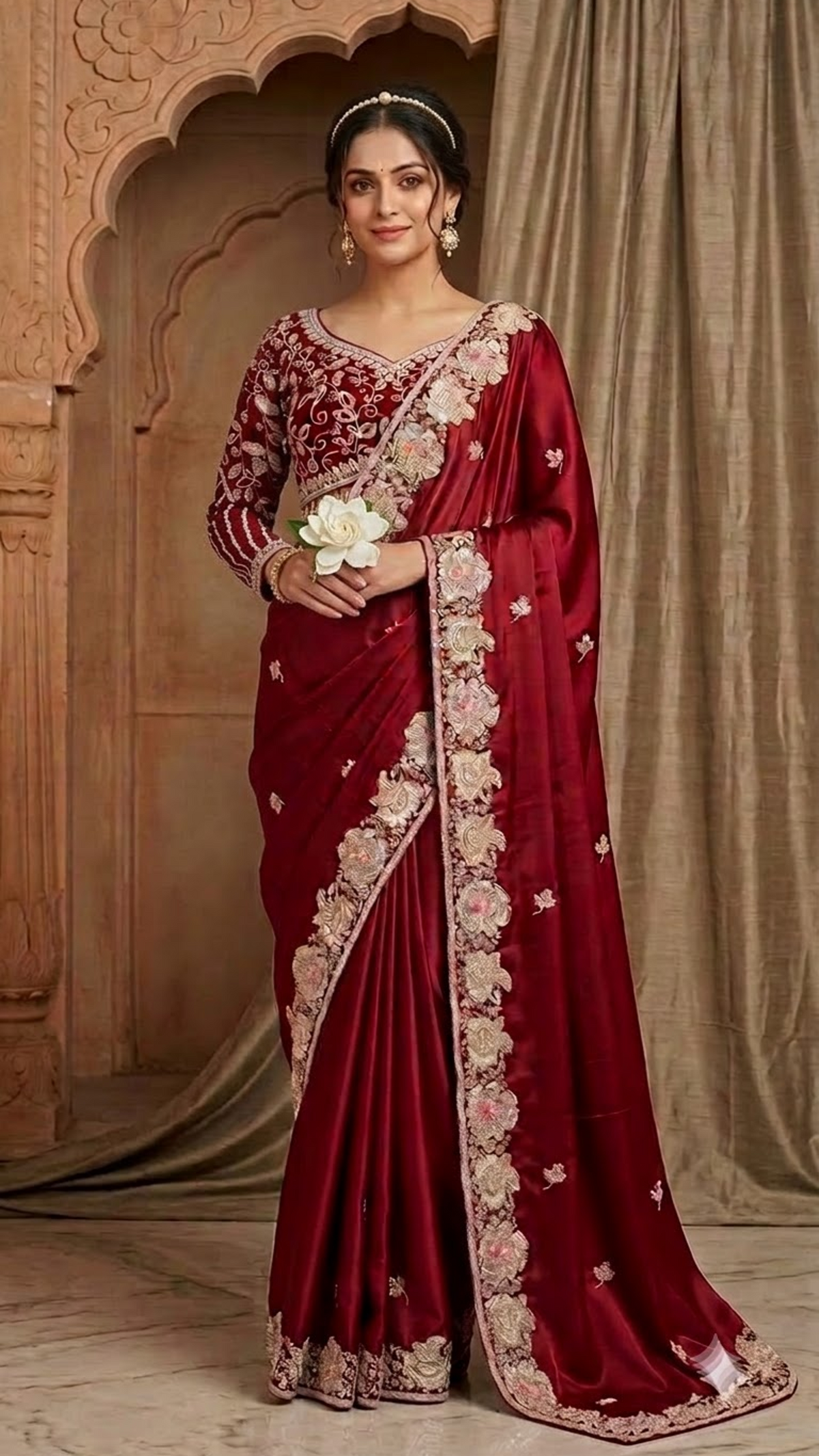 Ruby Royale Heavy Hand-Embroidered Saree with Stitched Blouse