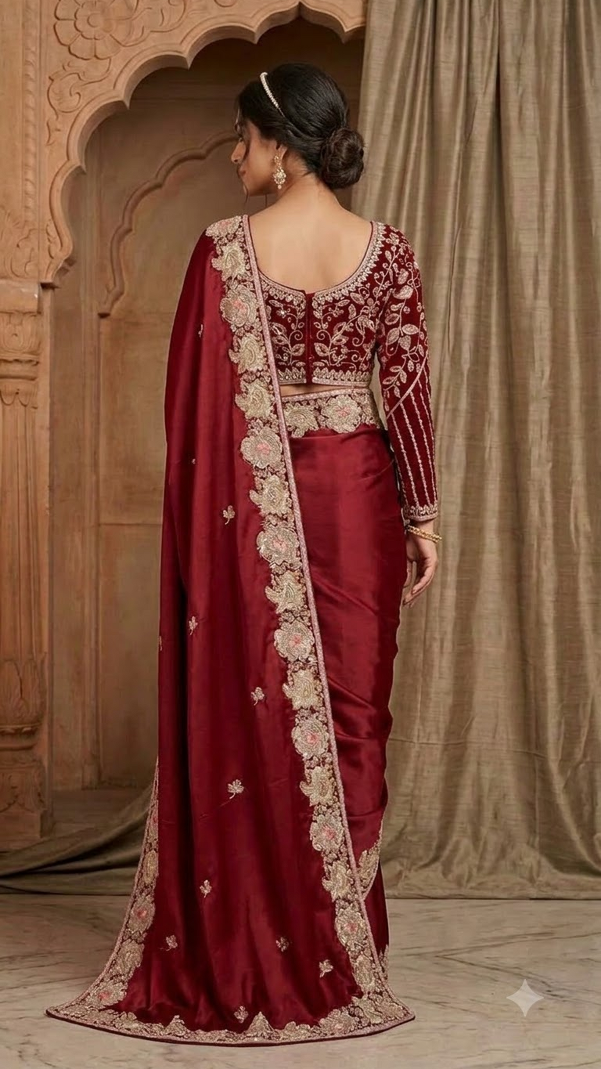 Ruby Royale Heavy Hand-Embroidered Saree with Stitched Blouse