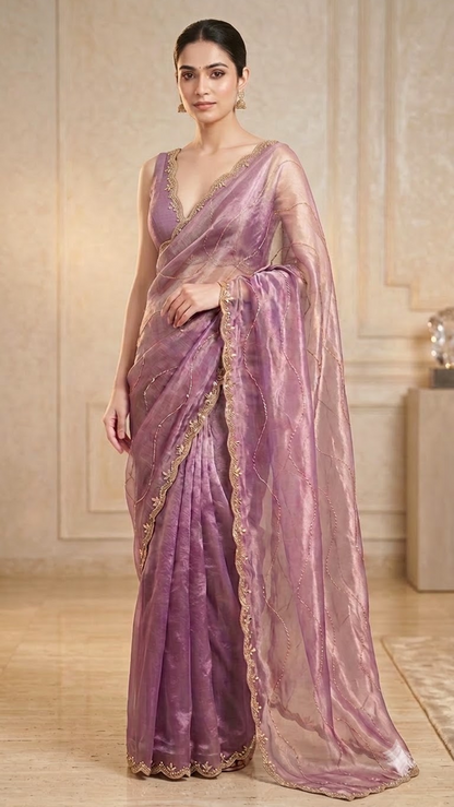 Lavender Luxe Hand-Embroidered Silk Saree