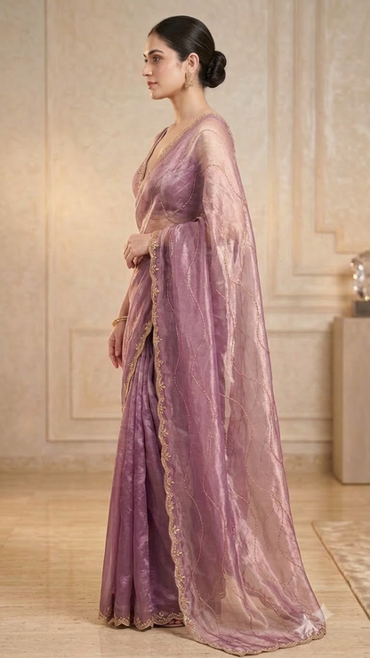 Lavender Luxe Hand-Embroidered Silk Saree