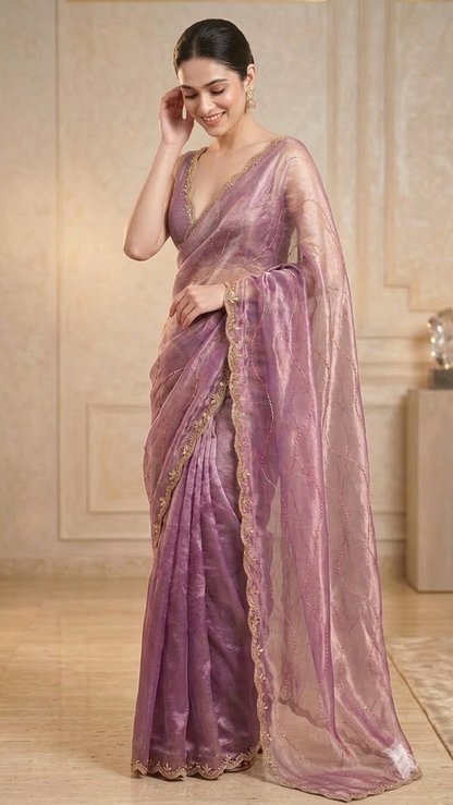Lavender Luxe Hand-Embroidered Silk Saree