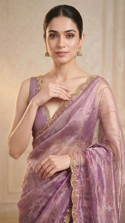 Lavender Luxe Hand-Embroidered Silk Saree