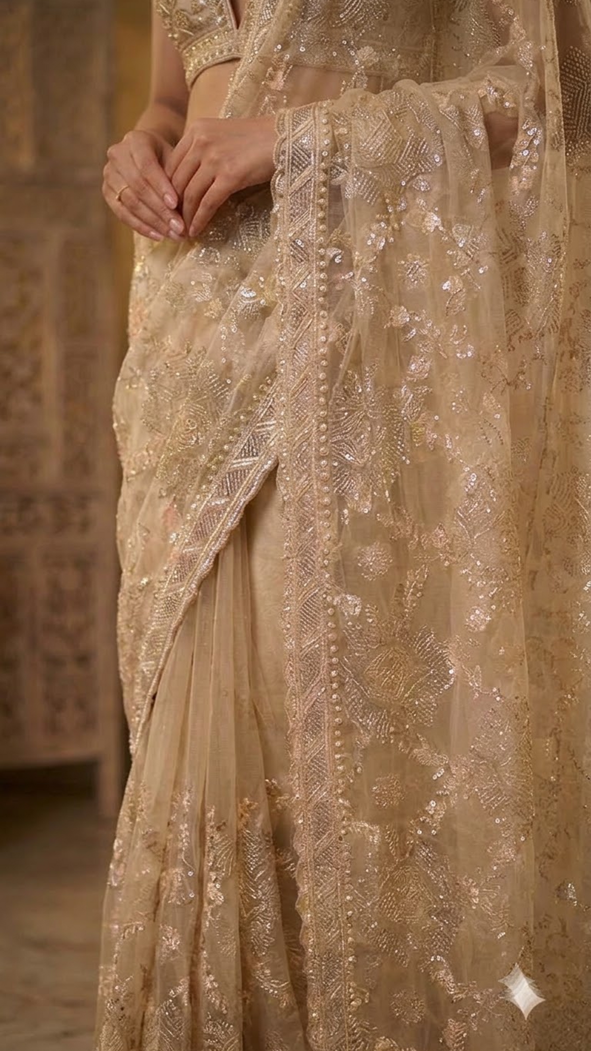 Ivory Luxe Hand-Embroidered Silk Saree