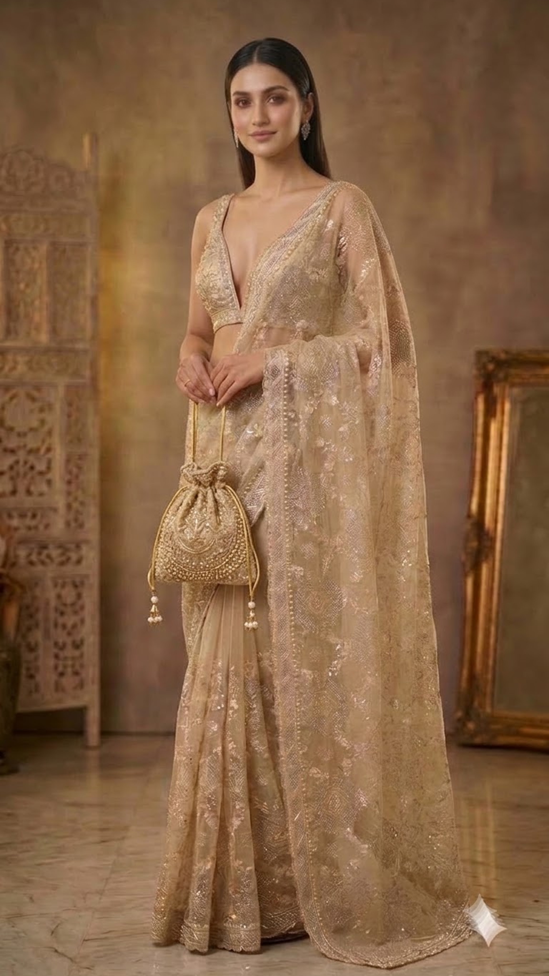 Ivory Luxe Hand-Embroidered Silk Saree