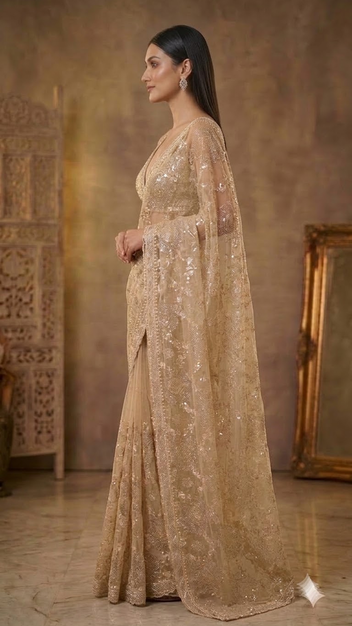 Ivory Luxe Hand-Embroidered Silk Saree