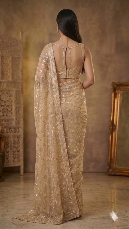 Ivory Luxe Hand-Embroidered Silk Saree
