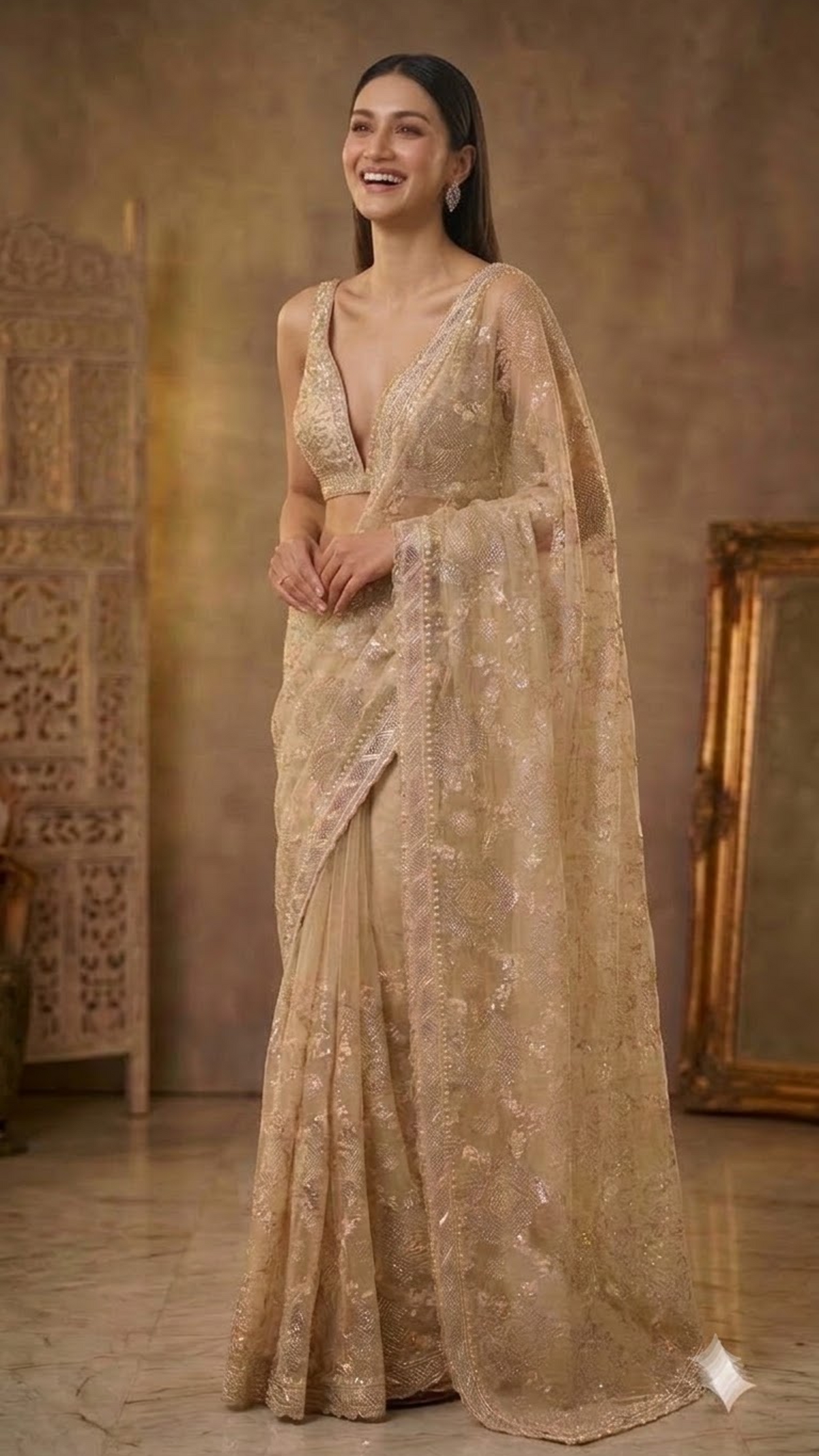 Ivory Luxe Hand-Embroidered Silk Saree