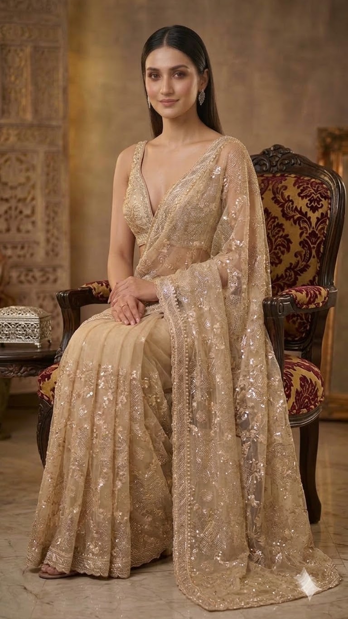 Ivory Luxe Hand-Embroidered Silk Saree