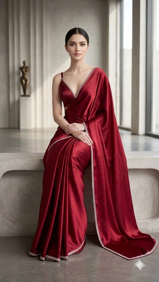 Crimson Crystal Luxe Satin Saree