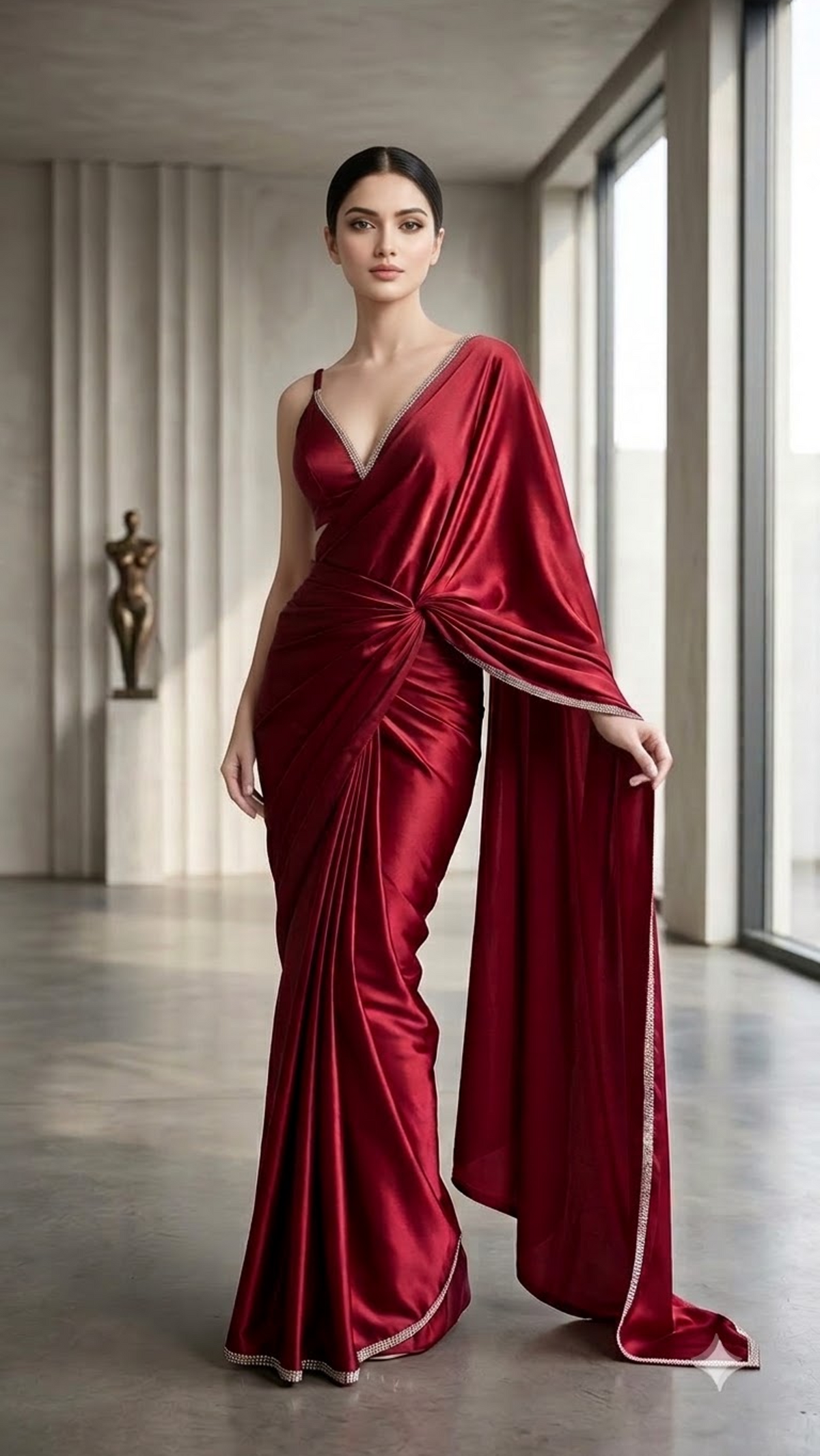 Crimson Crystal Luxe Satin Saree