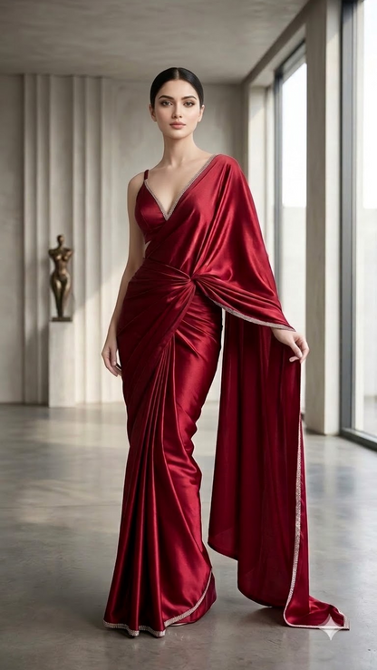 Crimson Crystal Luxe Satin Saree