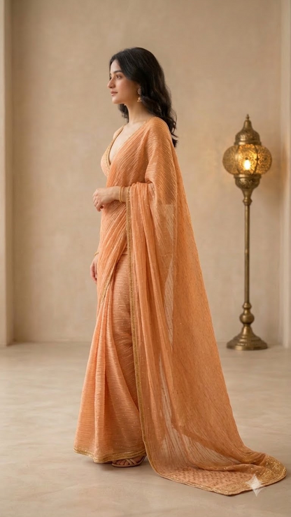 Royal Cringed Silk Butti Saree with Golden Embroidery