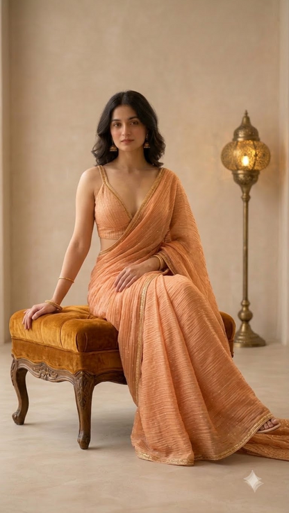 Royal Cringed Silk Butti Saree with Golden Embroidery