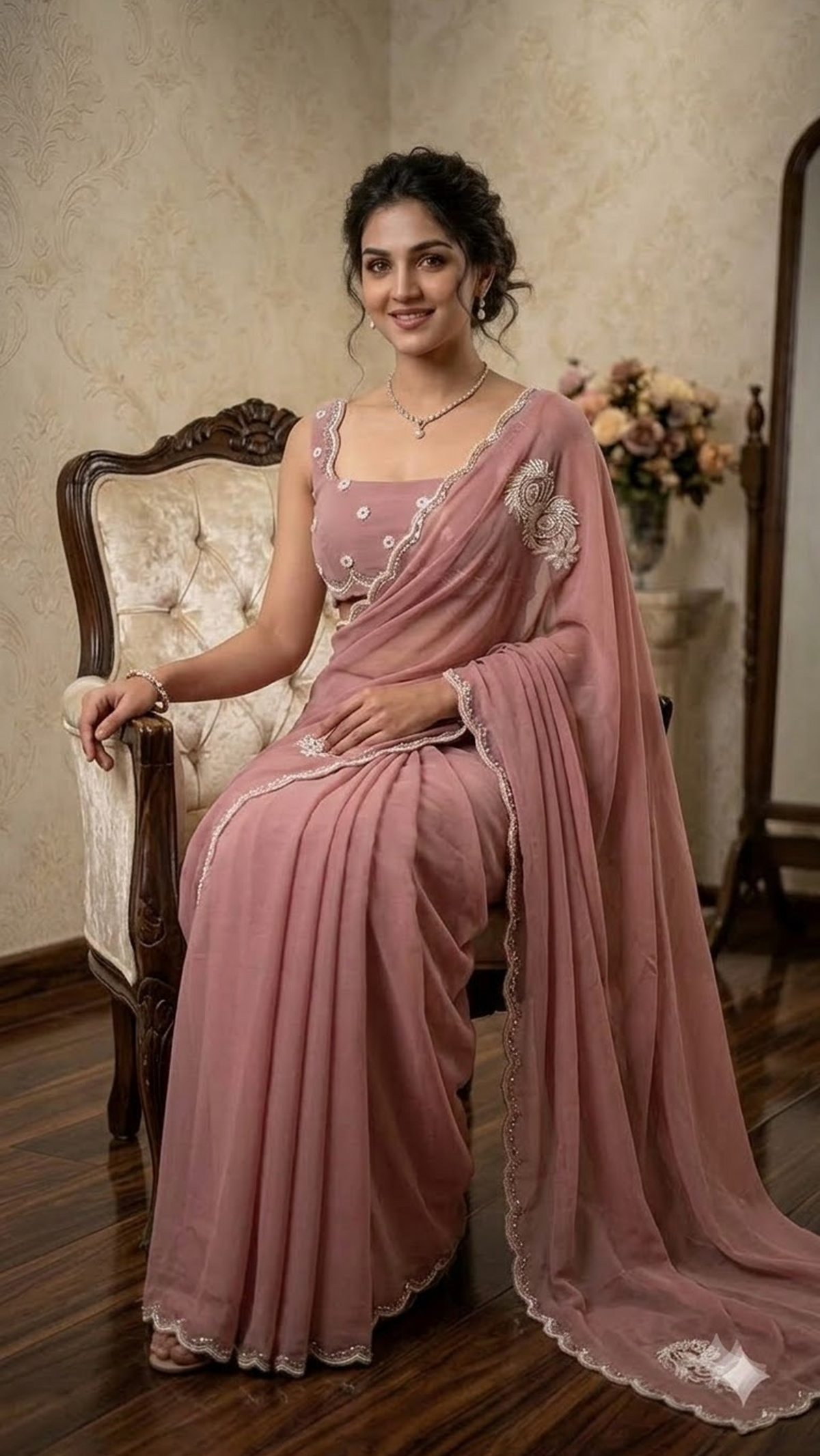 Pearl Luxe Hand-Embroidered Silk Saree