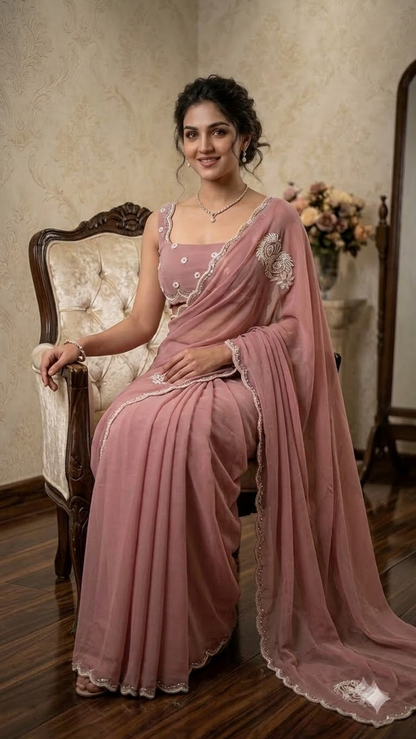 Pearl Luxe Hand-Embroidered Silk Saree