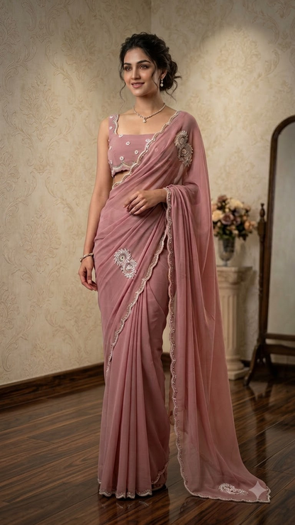 Pearl Luxe Hand-Embroidered Silk Saree