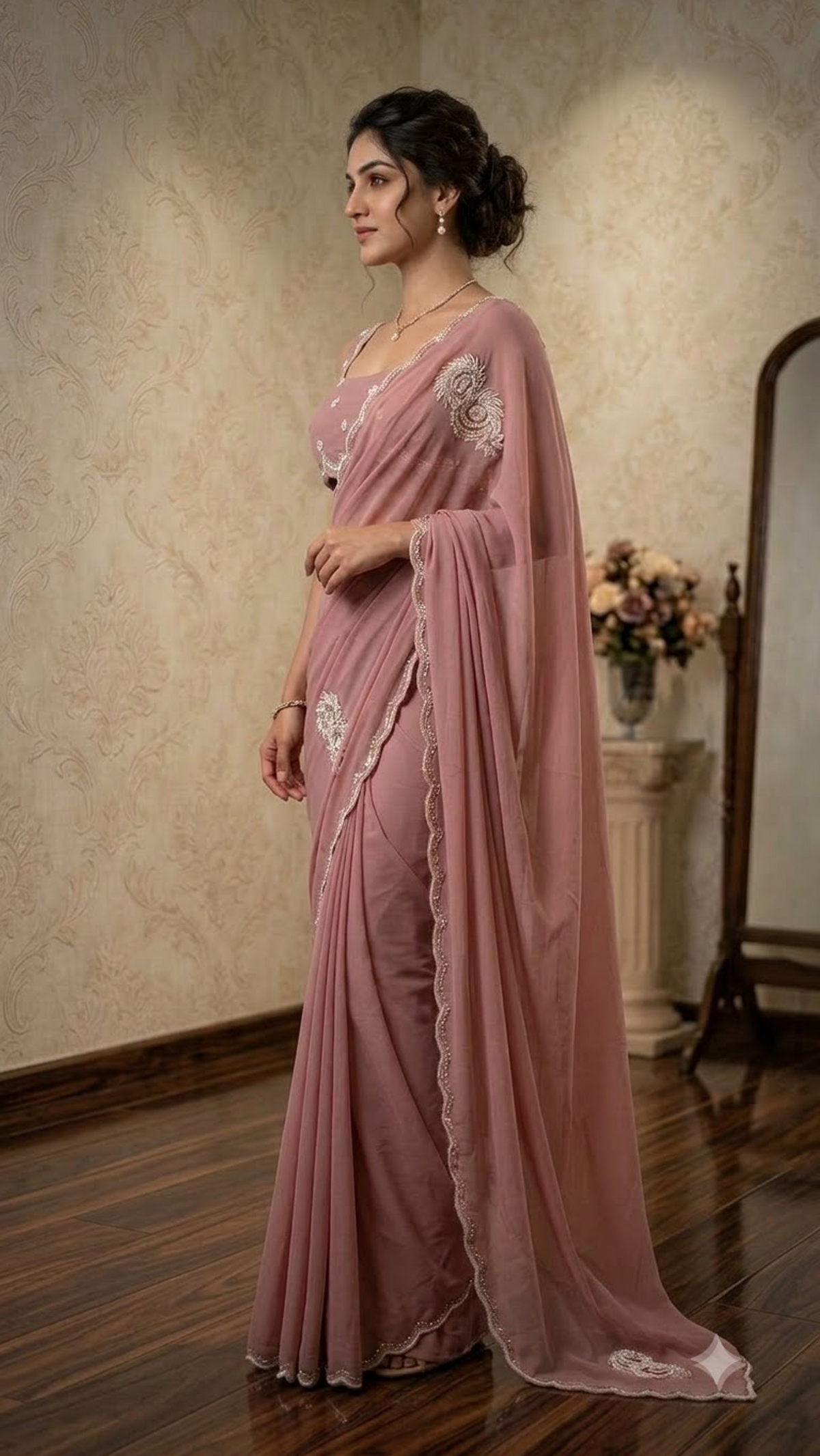 Pearl Luxe Hand-Embroidered Silk Saree