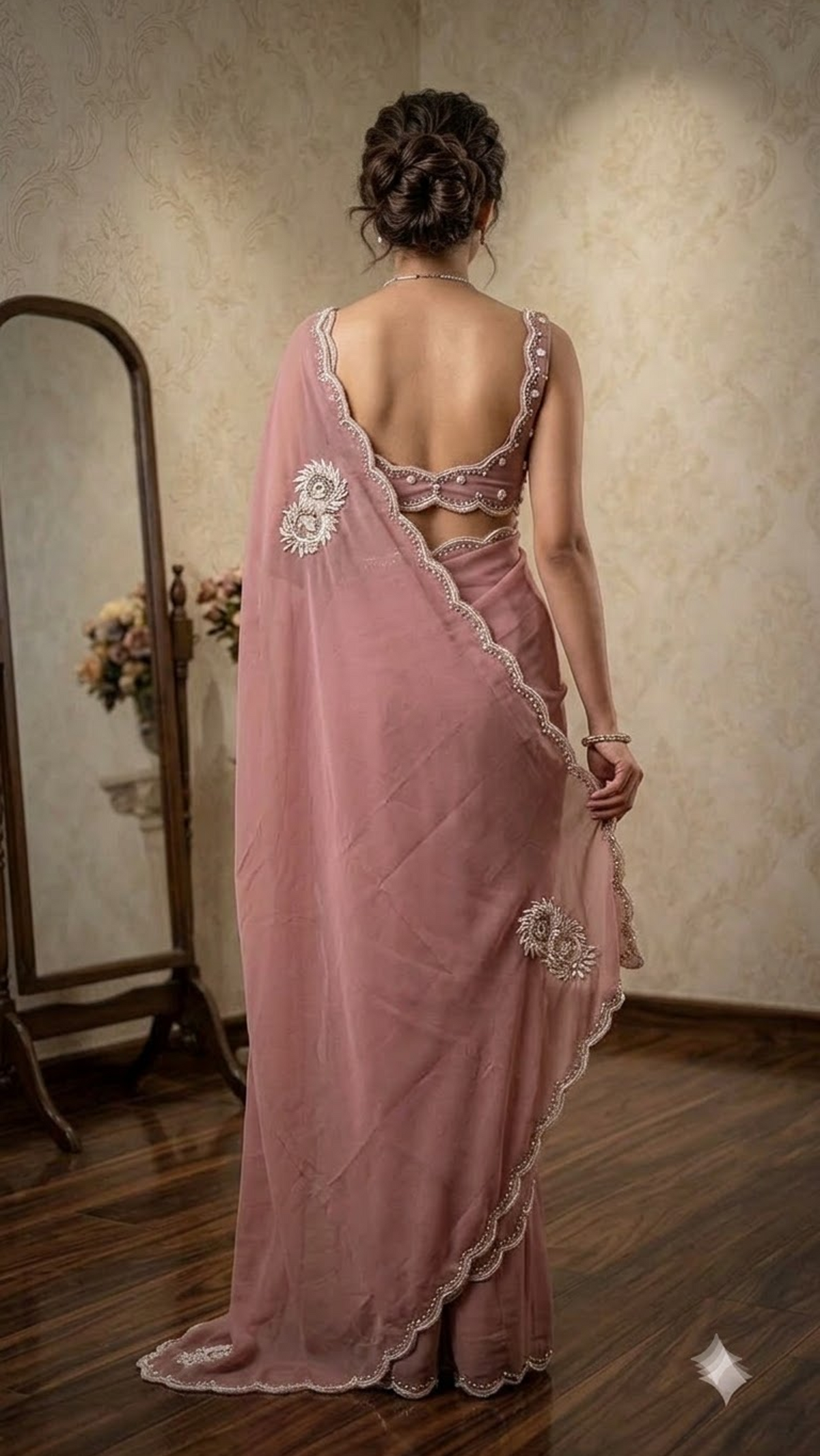 Pearl Luxe Hand-Embroidered Silk Saree