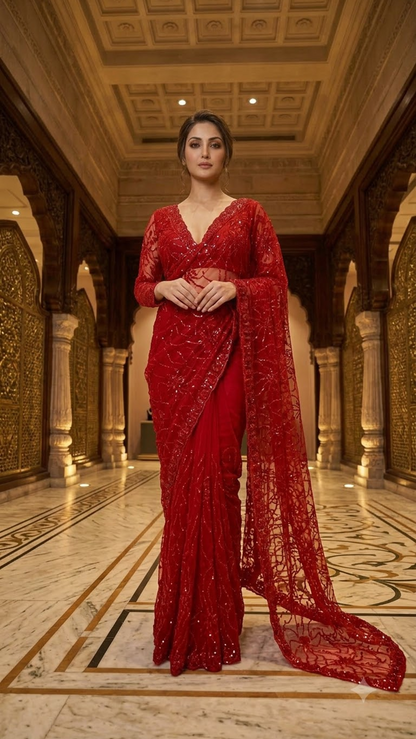 Luxe Heavy-Embroidered Red Saree with Blouse Fabric