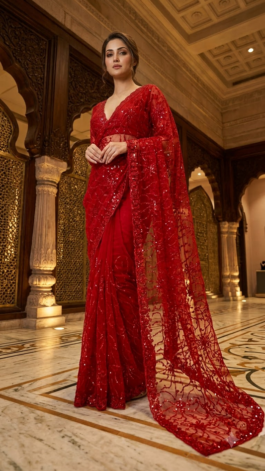 Luxe Heavy-Embroidered Red Saree with Blouse Fabric