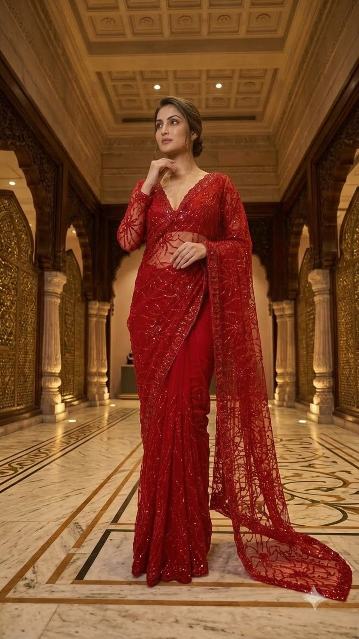 Luxe Heavy-Embroidered Red Saree with Blouse Fabric