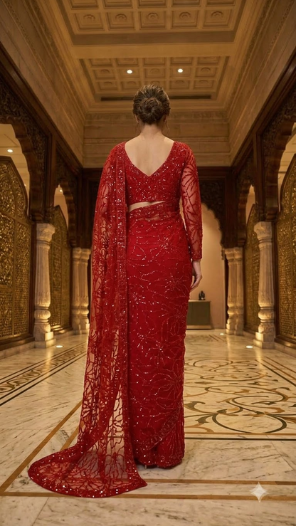 Luxe Heavy-Embroidered Red Saree with Blouse Fabric