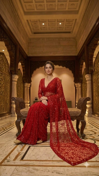 Luxe Heavy-Embroidered Red Saree with Blouse Fabric
