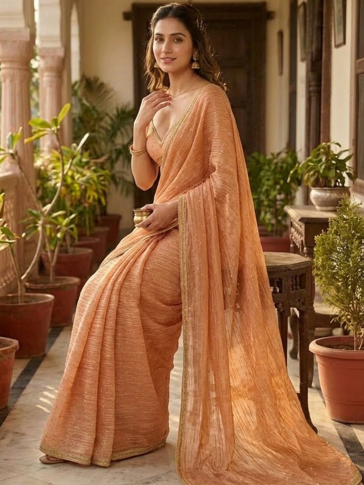 Royal Cringed Silk Butti Saree with Golden Cut Dana Border