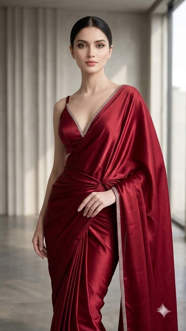 Crimson Crystal Luxe Satin Saree