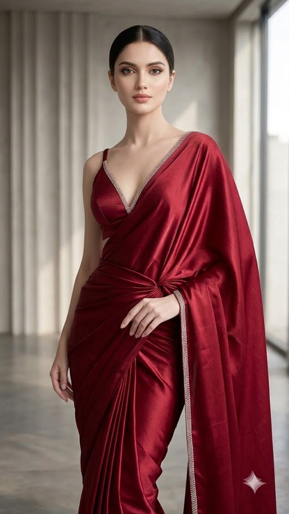 Crimson Crystal Luxe Satin Saree
