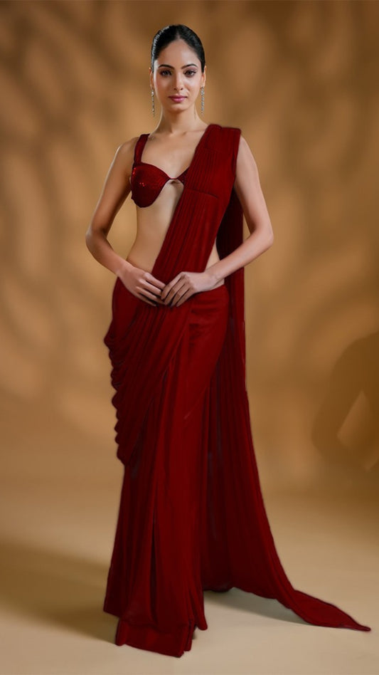 Premium Designer Red Ready-to-Wear Saree with Unique Drape in Luxe Fabric