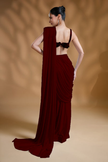 Premium Designer Red Ready-to-Wear Saree with Unique Drape in Luxe Fabric