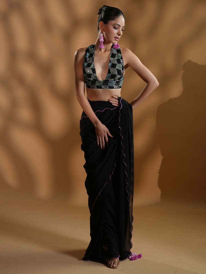 Gorgeous Black Ready to Wear Saree With Embroidered Blouse Fabric