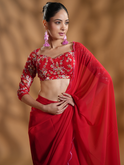 Red Georgette Ready To Wear Saree With Embroidered Blouse Fabric and Tassels