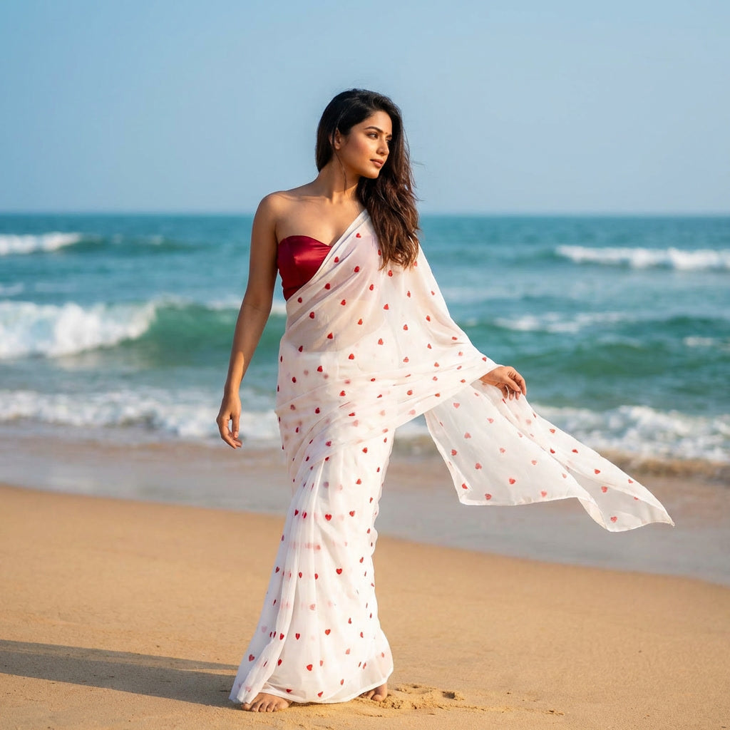 Dreamy Love Heart Embroidered Georgette Saree with Blouse Fabric