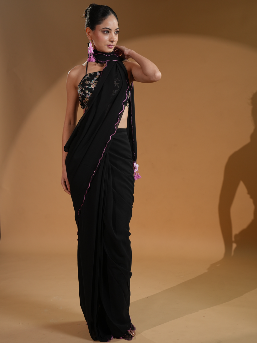 Regal Black Luxe Pre-Draped Saree with Embroidered Blouse Fabric and Tassels