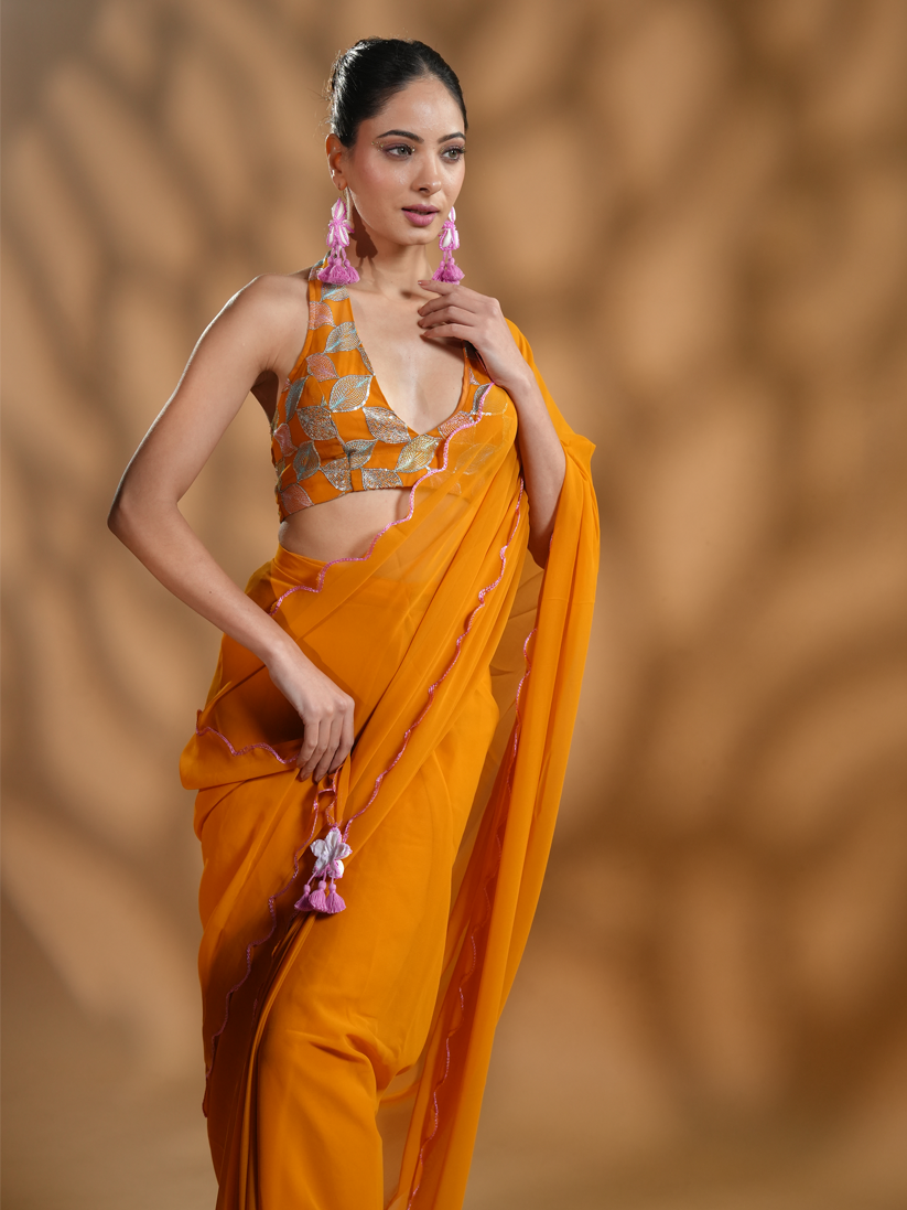 Chic Mustard Ready to Wear Saree with Embroidered Blouse Fabric